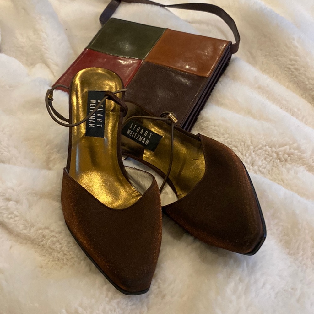 Stuart Weitzman satin 4” heels, 9.5, dress shoe made in Spain in EUC. Strappy